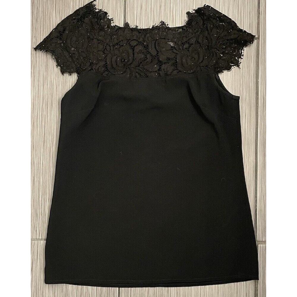 St. John Black Bateau Neckline With Lace Blouse Size P Luxury Old Money